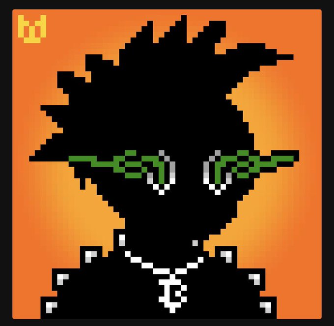 A pixel-art style portrait features a black silhouette figure with green pixelated glasses, a silver nose ring, and a pendant necklace, set against an orange gradient background with a small yellow logo in the top-left corner. The edgy, stylized design serves as a profile picture or NFT artwork, complementing the post about receiving an honorary SKHELL NFT gift.