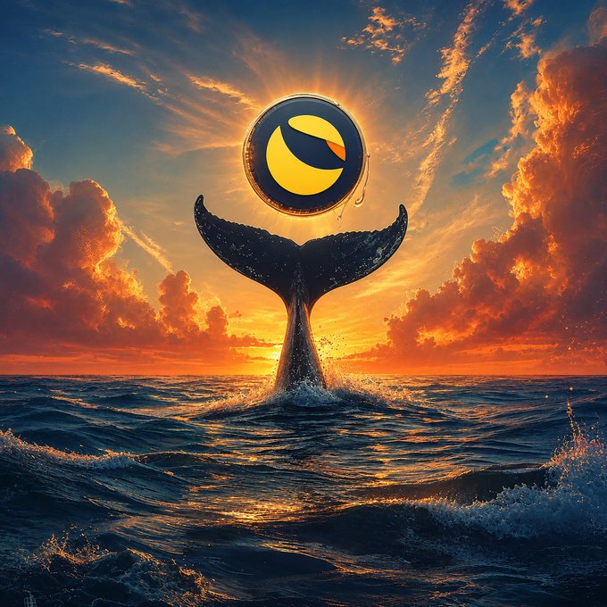 Digital artwork depicting a whale tail emerging from the ocean at sunset, with a stylized yellow moon-like circle in the sky above it.