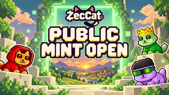 A pixel-art promotional banner for 'ZecCat' announcing 'PUBLIC MINT OPEN' with three cartoon cats positioned around a portal showing a Minecraft-style landscape.