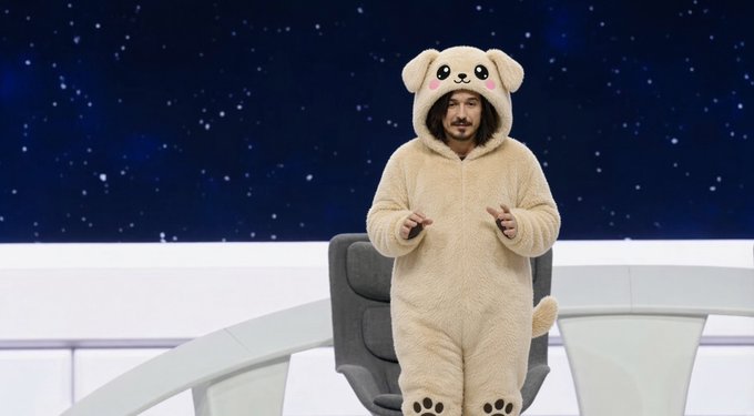 A man in a fluffy cream-colored bear onesie stands against a starry night backdrop in what appears to be a studio set, with the hood pulled up over his head.