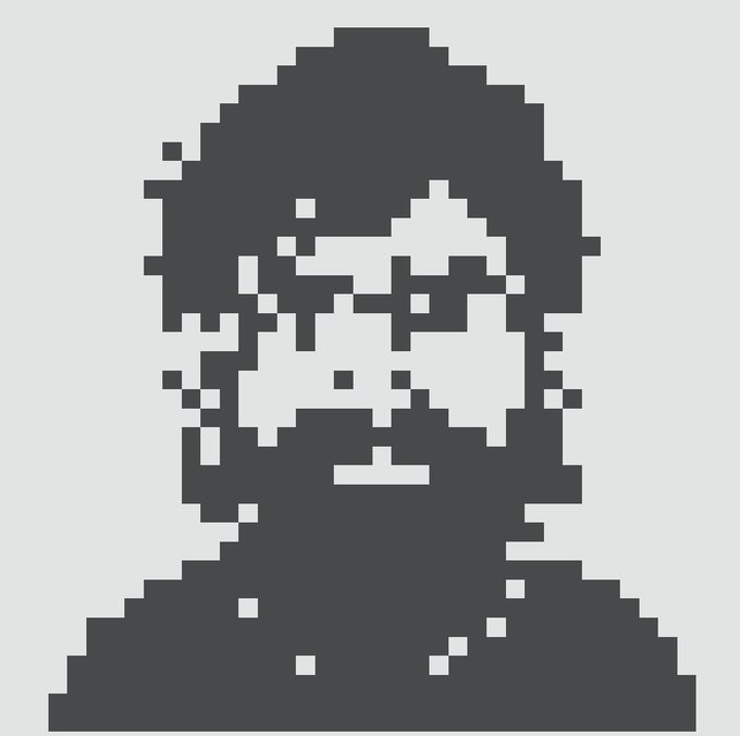 A minimalist pixel art portrait showing a dark silhouette with a lighter face, possibly wearing a cap or goggles.