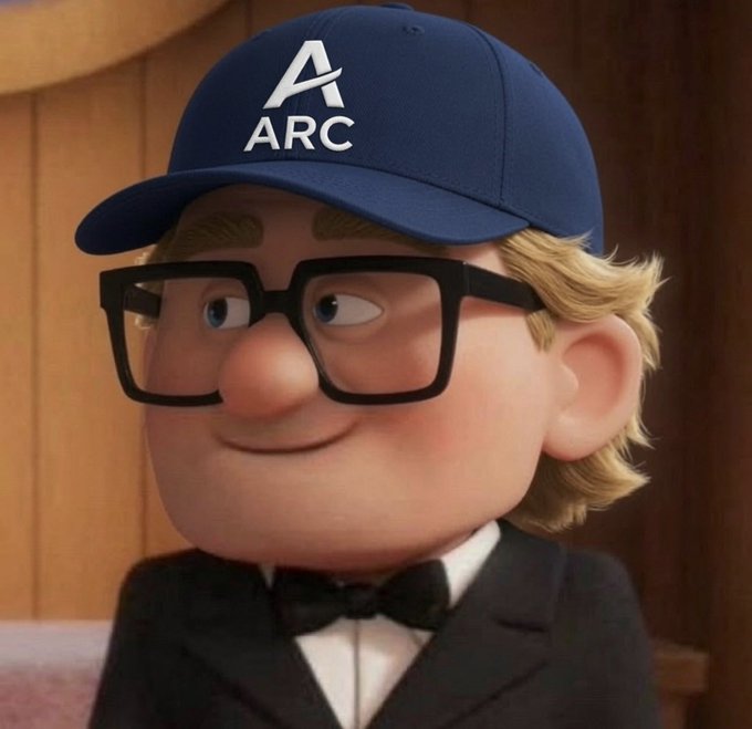 A Pixar-style animated character wearing thick black glasses, a bow tie, and a blue cap emblazoned with "ARC" gives a sly sideward glance. The image ties into the post's reference to **Arc** and its token **gARC**, using the character to personify the "GM @arc champs" greeting while highlighting Arc's built-in FX engine for transparent, onchain stablecoin settlement.