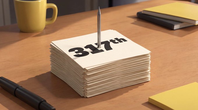A stack of white papers sits on a wooden desk with a pen stuck through the top sheet, which displays the bold black text "317th". A yellow mug and notebooks are visible in the background.