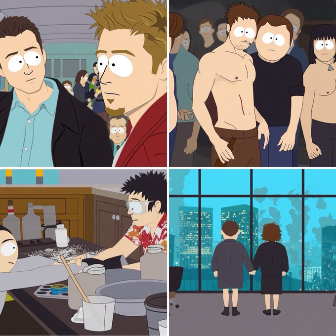 A four-panel collage of scenes from South Park, featuring two male characters in various settings including a crowded area, a kitchen, and two figures in robes standing before a city skyline at night.