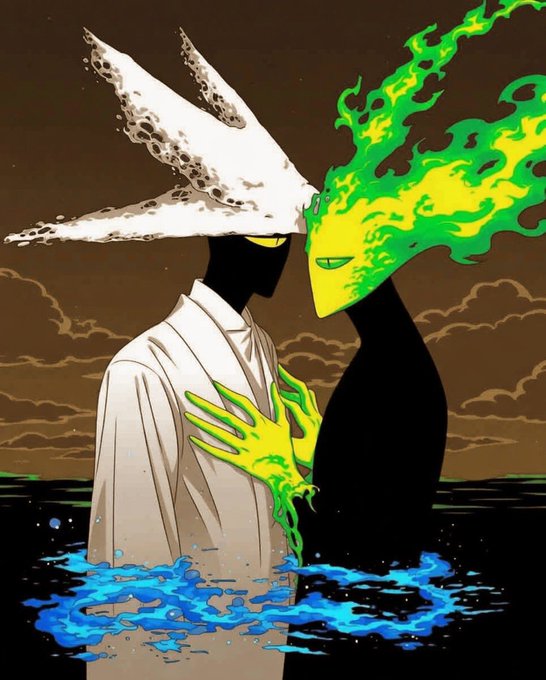 An artistic illustration shows a dark figure embracing a white-robed figure, with the dark figure's head replaced by swirling green and yellow flames and a green hand on the white figure's chest, set against a brown sky and blue water.