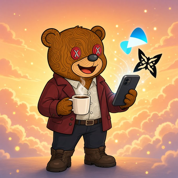 A cartoon illustration depicts a wooden bear character with X-shaped eyes wearing a red jacket, holding a coffee mug and a smartphone against a sunset sky.