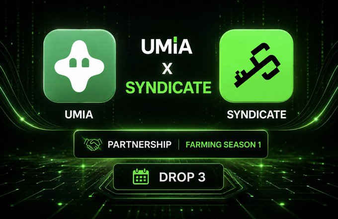 A promotional graphic announces a partnership between UMIA and SYNDICATE for 'FARMING SEASON 1 - DROP 3', featuring both company logos on a green digital background.