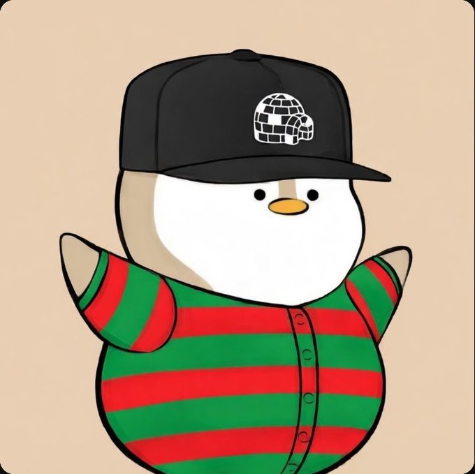 A cartoon penguin wearing a black baseball cap with a globe logo and a red-and-green striped sweater against a peach background.