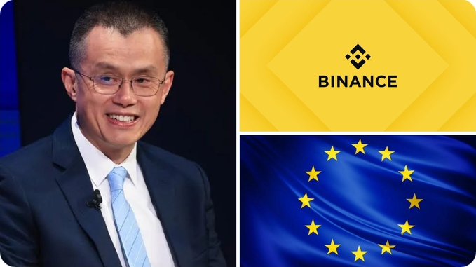 The image shows a split composition featuring CZ (Changpeng Zhao) on the left, alongside the Binance logo and the European Union flag on the right. The caption relates to CZ's recent statement criticizing the EU's MiCA regulations, with the visual elements directly representing the key parties in the story—Binance's former CEO, the cryptocurrency exchange, and the European Union.