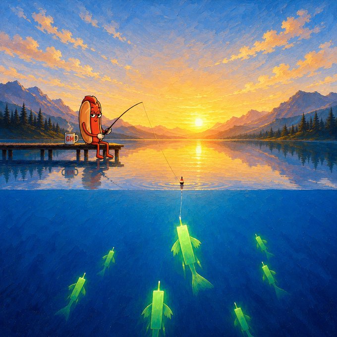 A surreal painting of an anthropomorphic hotdog fishing on a wooden dock at sunset, with green fish shaped like candlestick charts swimming below the water's surface.