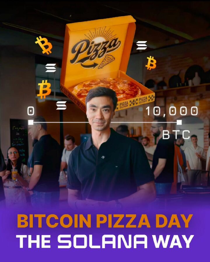 The image features a man standing next to a pizza box with the words "Bitcoin Pizza Day" written above him, along with a picture of a pizza. The text below the pizza reads "ICYMI: Bitcoin Pizza Day The @solana community raised a slice to one of the earliest real-world transactions in crypto. How the two fit together: Bitcoin = is the asset Solana = is the infrastructure Own Bitcoin."
