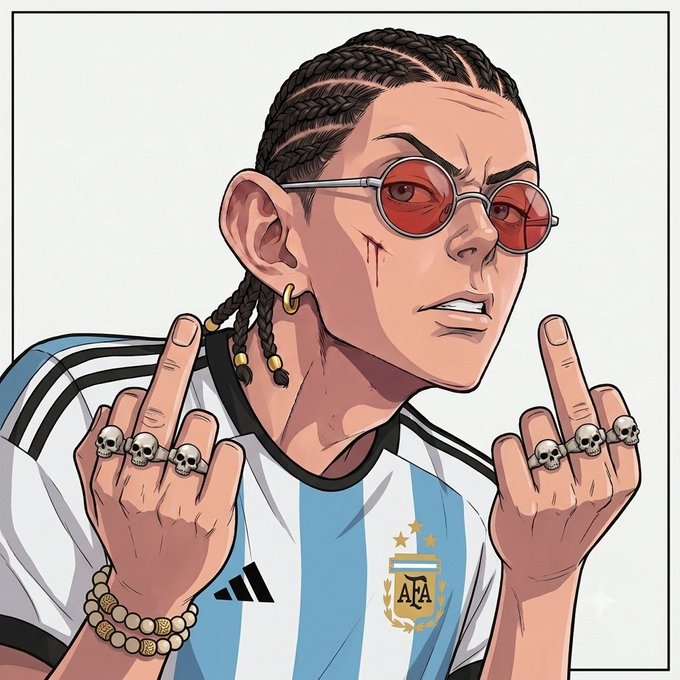 A stylized illustration depicts a man with braided hair, red-tinted sunglasses, and skull rings, flipping double middle fingers while wearing an Argentina national football team (AFA) jersey featuring the Adidas logo. The defiant, "I don't care" gesture visually matches the post's frustrated tone toward crypto/CT creators who promote paid projects while dismissing those who built their brands organically for free.