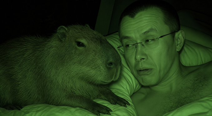 A green-tinted photo shows a capybara cuddled next to a man with glasses in bed.