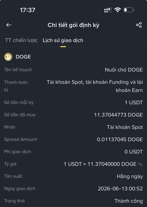 The image shows a phone screen with text written in Vietnamese, including information about a cryptocurrency called "DOGE" that has been sent from another country. The text also mentions a transaction involving a USDT exchange rate of 1 US dollar for 11,737,000 DOGE.