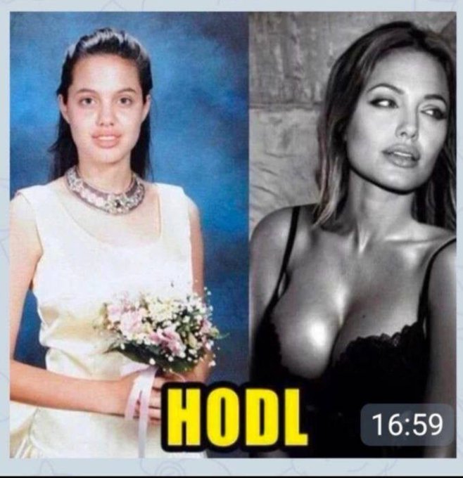 A split image showing a young girl in a white dress holding flowers on the left, and a glamorous black-and-white photo of Angelina Jolie on the right, with the text "HODL" and a timestamp of "16:59" overlaid—jokingly comparing a youthful appearance to the actress to reinforce the "HODL #CORE" message about long-term holding.