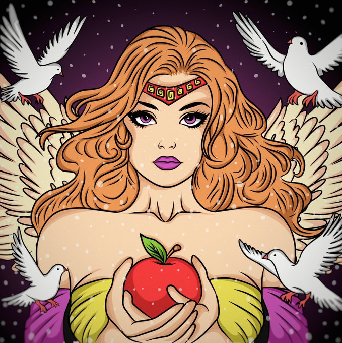 A pop-art illustration shows a winged red-haired woman holding a red apple, surrounded by four white doves and falling snow.