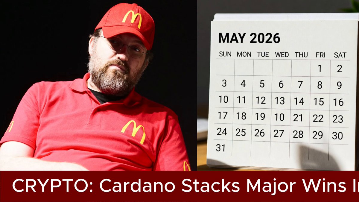 The image shows a calendar for May 26th and a man wearing a red shirt with a McDonald's logo sitting next to him, posing near a computer monitor that displays text about Cardano Stocks Major Wins.