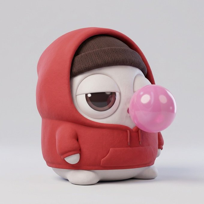 A 3D-rendered character figure with a white body, wearing a red hoodie and brown beanie, blowing a pink bubblegum bubble.