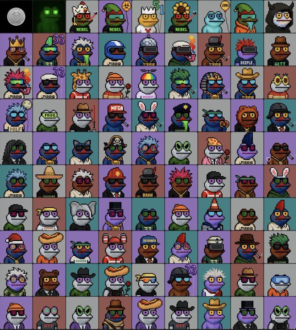 The image features a grid of small cartoon frog characters, each wearing different colored hats and glasses. The frogs are arranged in rows and columns, creating a visually appealing pattern across the image. The caption below the image reads "unstealthing my @GRiBBiTS collection $tibbir". This suggests that the image is related to a collection of frog characters or possibly an art project involving these characters.