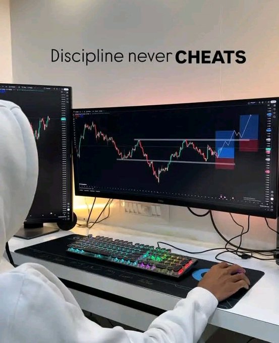 A person in a white hoodie sits at a desk with two monitors displaying trading charts, overlaid with the motivational text 'Discipline never CHEATS'.