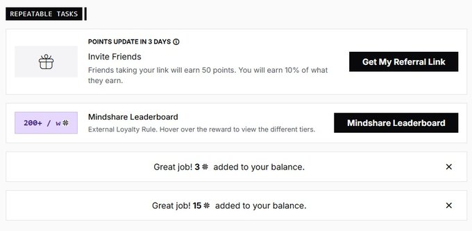 The image shows a "Repeatable Tasks" section on Quip Network's platform, displaying an "Invite Friends" task (offering 10% of friends' earnings) and a "Mindshare Leaderboard" with a 200+ reward tier, along with recent point notifications of 3 and 15 added to the user's balance. This relates to the post by highlighting additional ways users can earn rewards on Quip Network beyond the daily Check In and X posting tasks mentioned.