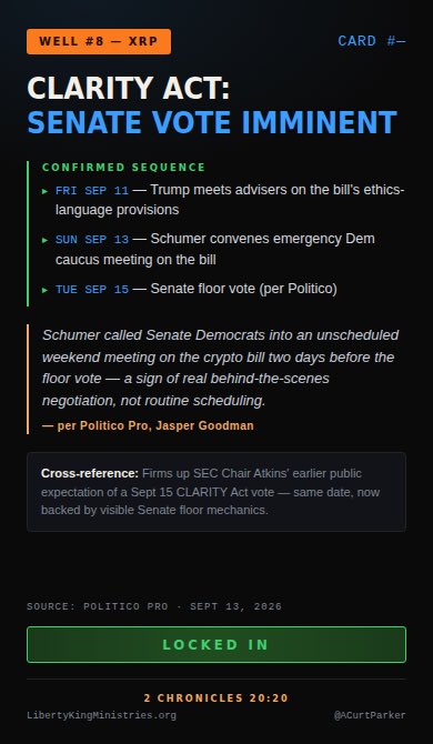 An infographic titled 'CLARITY ACT: SENATE VOTE IMMINENT' outlines a confirmed sequence of dates including a September 11 meeting with Trump, a September 13 Dem caucus meeting, and a September 15 Senate floor vote, sourced from Politico Pro on September 13, 2026.
