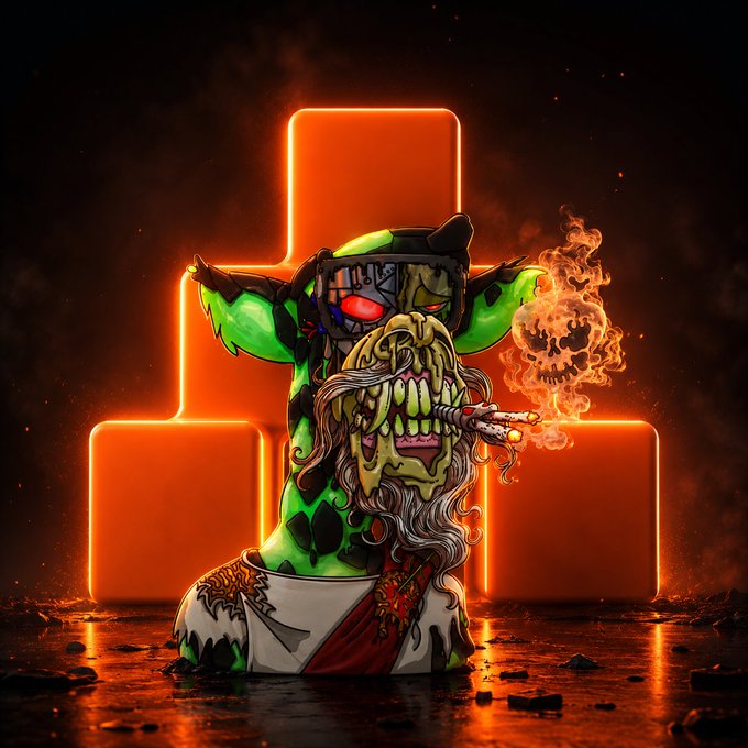 A cartoon illustration of a green-skinned orc/goblin character smoking a cigar that emits a flaming skull, set against a glowing orange neon cross backdrop.
