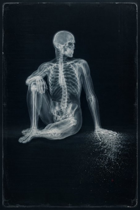 An artistic X-ray style illustration of a human skeleton in a seated pose against a dark background, with the lower portion of the body appearing to disintegrate into particles.