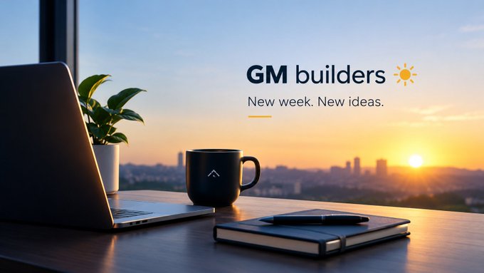 A workspace with a laptop, coffee mug, and notebook sits on a desk overlooking a sunset cityscape, with the text 'GM builders - New week. New ideas.'