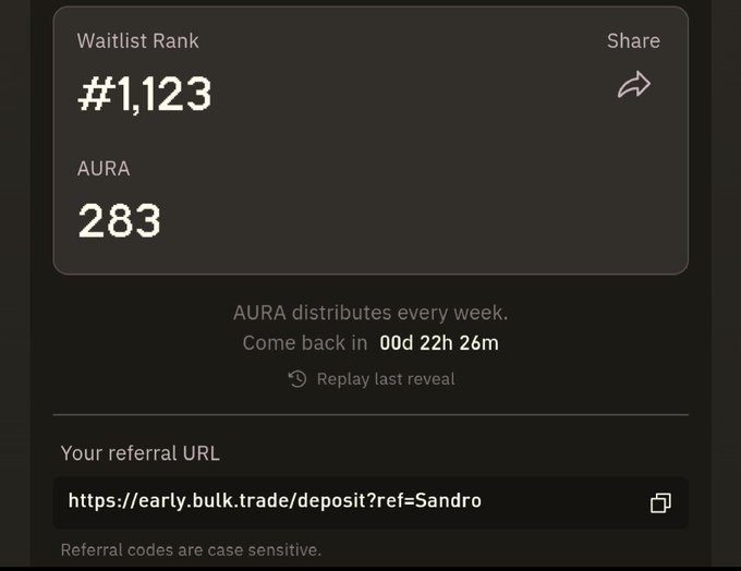 The image shows a Bulk.trade waitlist dashboard displaying a rank of #1,123, an AURA token balance of 283, a countdown of 00d 22h 26m until the next weekly AURA distribution, and the user's referral link "https://early.bulk.trade/deposit?ref=Sandro." This visually supports the post's promotion of BULK's pre-deposit campaign by showcasing the user's current AURA earnings and waitlist progress, with the referral URL encouraging others to sign up using their code.