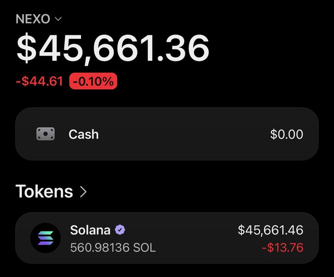 A screenshot of a Nexo portfolio showing a balance of $45,661.36, with the holdings consisting entirely of 560.98136 Solana (SOL) worth $45,661.46, currently down $13.76. The image is posted alongside a message soliciting Solana addresses for an upcoming airdrop, likely to entice users by showcasing a large SOL holding.