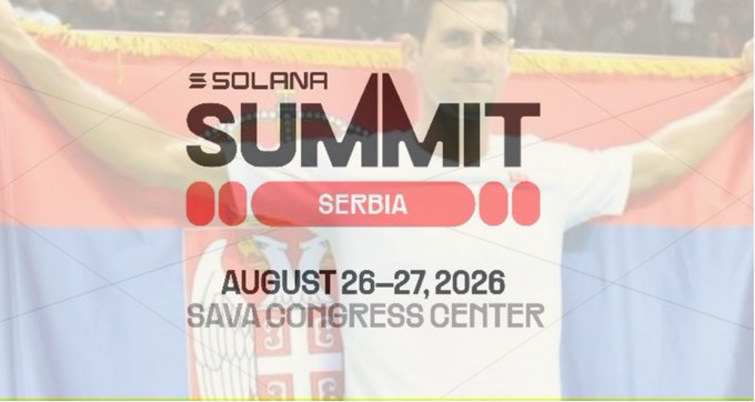 A promotional graphic for the 'SOLANA SUMMIT SERBIA' taking place on 'AUGUST 26-27, 2026' at the 'SAVA CONGRESS CENTER,' featuring a background image of a person holding a Serbian flag.