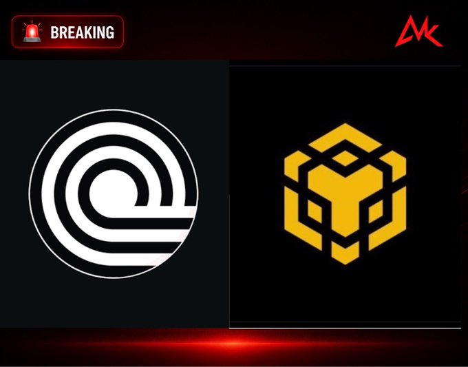 A 'BREAKING' news graphic featuring two crypto logos side by side: a white circular 'Q' emblem and a gold geometric emblem, with an 'MK' watermark.