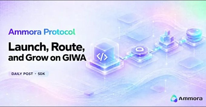 A promotional banner for 'Ammora Protocol' with the tagline 'Launch, Route, and Grow on GIWA', labeled 'DAILY POST • SDK', featuring 3D cube graphics on a purple-pink gradient background.