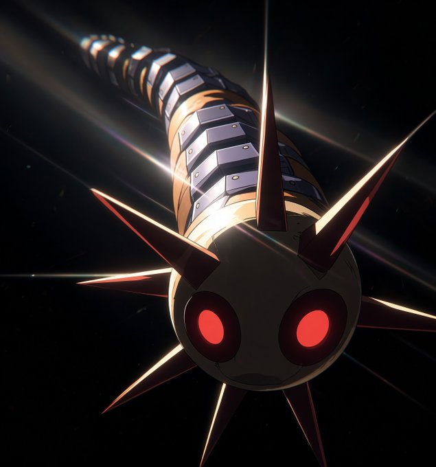 An animated illustration shows a missile-like object with sharp spikes and two glowing red eyes hurtling forward through space.