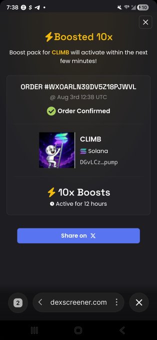 A mobile screenshot from dexscreener.com showing a confirmed order for a "Boosted 10x" pack for the token "CLIMB" on the Solana network (D6vLCz...pump), with order #WXQARLN39DV5218PJWVL dated Aug 3rd, confirming 10x boosts active for 12 hours.