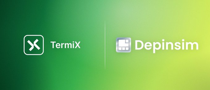 A green comparison graphic places the TermiX logo and name on the left and the Depinsim logo and name on the right, separated by a vertical line. It visually frames the post’s concern about safely entrusting 1000 USDC to an AI agent for yield strategies.