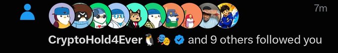 A social media notification banner showing 'CryptoHold4Ever 🐧💰✅ and 9 others followed you' with a row of colorful NFT-style profile pictures.