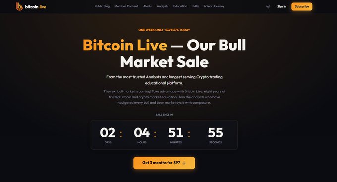 A promotional webpage from bitcoin.live advertising a "Bull Market Sale" with a countdown timer showing 02 days, 04 hours, 51 minutes, and 55 seconds remaining, offering 3 months for $99 with a "SAVE 47% TODAY" deal ending soon.