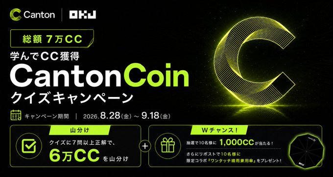 A promotional banner for OKJ's CantonCoin quiz campaign advertising up to 70,000 CC in rewards, with the event running from August 28, 2026 to September 18, 2026, and featuring a large glowing green 'C' logo.