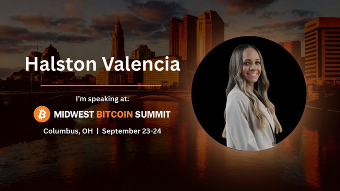 The image is a promotional graphic for Halston Valencia speaking at the Midwest Bitcoin Summit in Columbus, OH on September 23-24, featuring a professional headshot of a smiling woman against a city skyline backdrop at sunset, matching the post's announcement about her participation in the bitcoin-focused event.