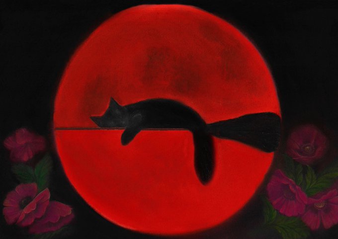 A painting depicting a black cat leaping across a thin horizontal line in front of a large, glowing red moon or sun, framed by dark pink flowers at the bottom corners.