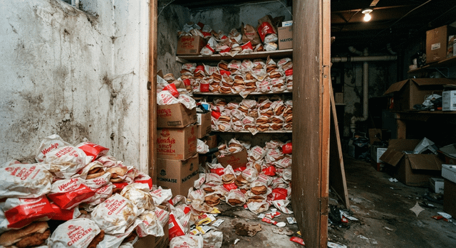 A grim storage room with mold-covered walls, shelves stacked with boxes, and piles of Wendy's hamburger bags scattered on the floor and ground.