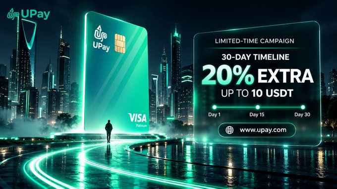 A promotional graphic for 'Upay' featuring a large Visa Platinum card on the left and text detailing a 'LIMITED-TIME CAMPAIGN' offering '20% EXTRA UP TO 10 USDT' over a 30-day timeline on the right, set against a futuristic city background.