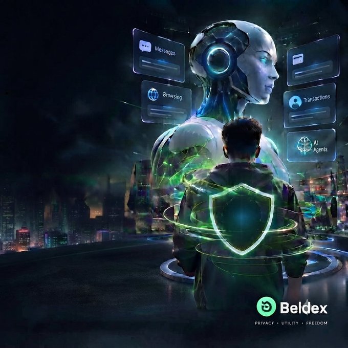 Promotional graphic for Beldex featuring an AI figure and a person with a glowing green shield, displaying features like Messages, Browsing, Transactions, and AI Agents with the tagline 'PRIVACY · UTILITY · FREEDOM'.