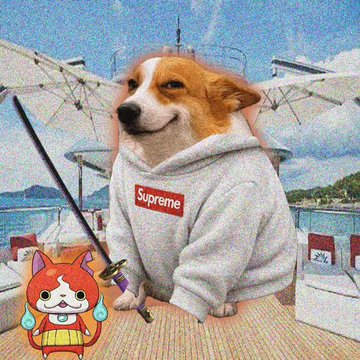 A Corgi dog wearing a gray 'Supreme' hoodie holds an umbrella in a beach scene, with a cartoon cat sticker added in the corner.