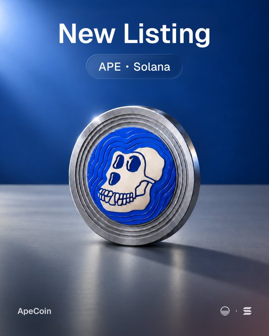 A promotional graphic announces a 'New Listing' for 'APE • Solana' (ApeCoin), featuring a 3D rendering of a metallic coin with a stylized skull logo.