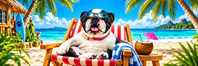 A bulldog wearing sunglasses relaxes on a red and white striped beach chair with a coconut drink beside it, set against a tropical beach background.
