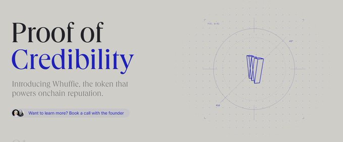 A landing page titled "Proof of Credibility" introduces Whuffle, the token that powers onchain reputation, accompanying a post about the Ethos network's $WHUF token, which enables users to stake tokens on others through a "Vouch" mechanism to build reputation.