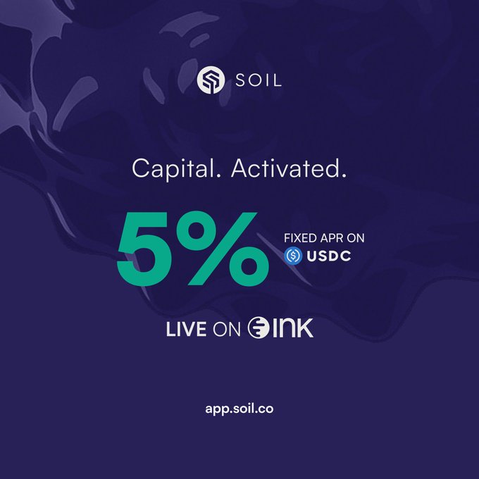 A promotional graphic for SOIL advertising '5% Fixed APR on USDC, Capital. Activated. Live on Ink' with the app URL app.soil.co.